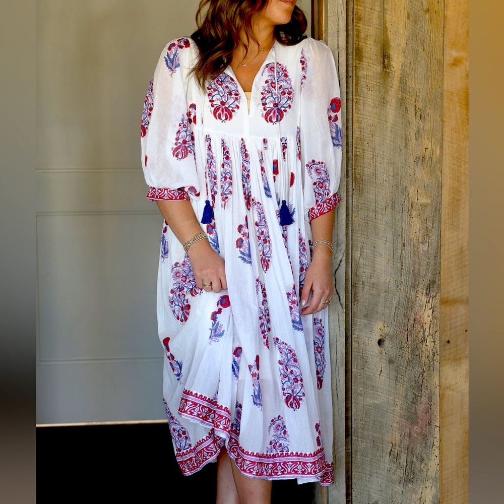 White Maxi Dress with Red & Blue Floral Print